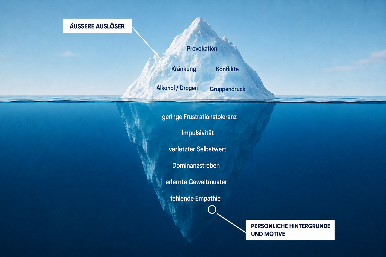 Eisbergmodell zur Ursachenklärung bei einer MPU wegen Aggression oder Gewalt