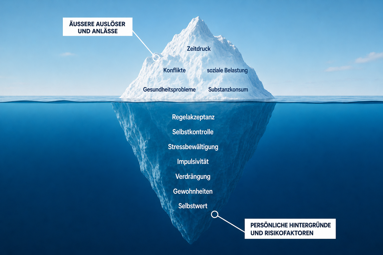 Eisbergmodell zu äußeren Auslösern sowie persönlichen Hintergründen und Risikofaktoren bei einer MPU